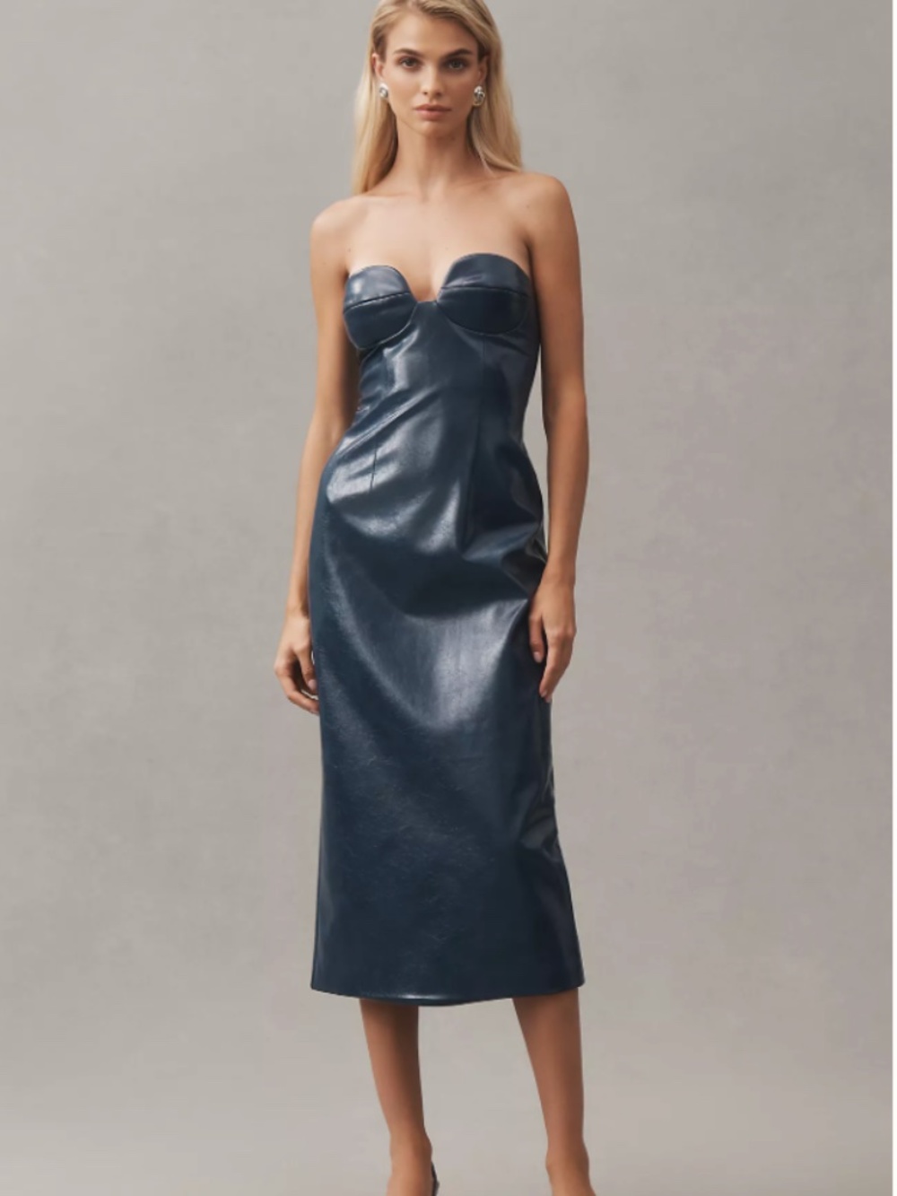 Mare Mare Faux Leather Strapless Slim Midi Dress Sz S Blue NWT